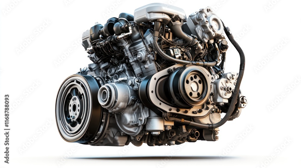 A detailed view of a modern automotive engine showcasing its complex components. A detailed view of a modern automotive engine showcasing its complex components.
