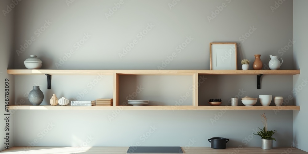 Minimalist Light Wood Shelf with Neutral Decor and Empty Space Minimalist Light Wood Shelf with Neutral Decor and Empty Space