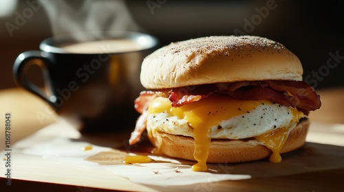 Delicious breakfast sandwich with bacon and coffee photo