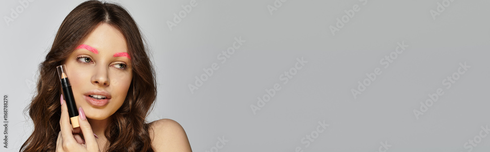 A young woman highlights her striking pink eyebrows while exuding confidence and style, banner A young woman highlights her striking pink eyebrows while exuding confidence and style, banner