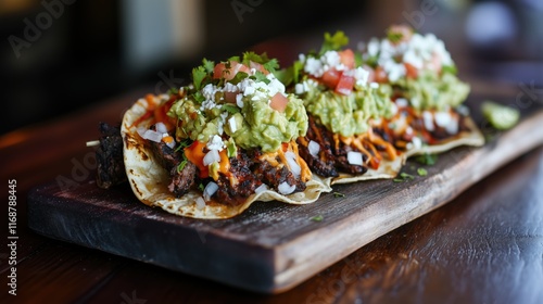 Flavorful beef tacos topped with guacamole and fresh ingredients