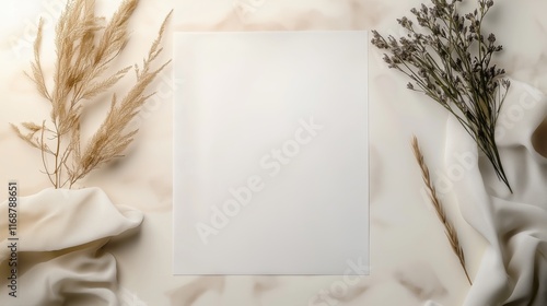 Minimalist flat lay with dried flowers and blank paper
