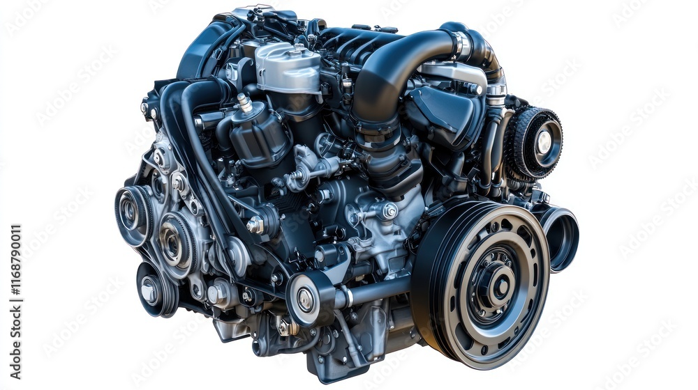 A detailed view of an automotive engine showcasing its complex components and design.