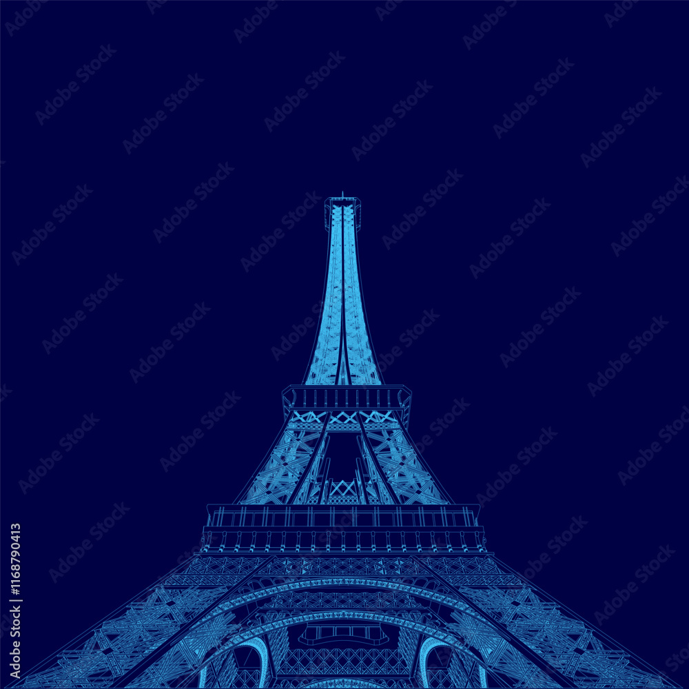 Obraz premium The image is a blue drawing of the Eiffel Tower. The tower is lit up and he is at night, giving it a mysterious and romantic atmosphere. The blue color scheme adds to the dreamy