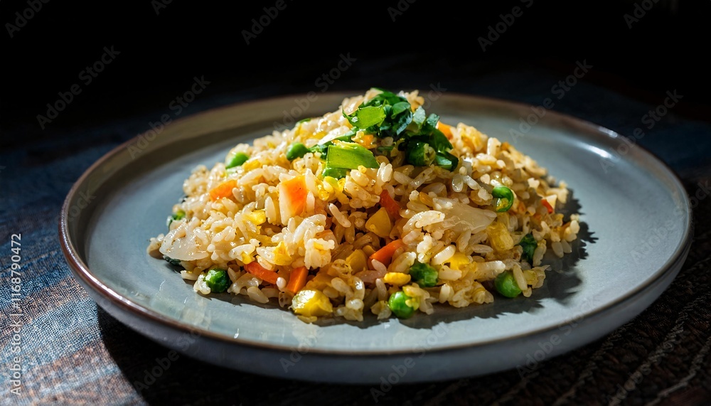 close-up of egg fried rice with colorful vegetables on a ceramic plate, showcasing vibrant textures and natural light
close-up of egg fried rice with colorful vegetables on a ceramic plate, showcasing vibrant textures and natural light