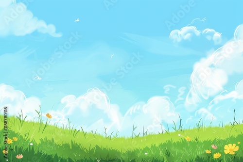 Lush Green Grass Field with Blue Sky and Fluffy White Clouds