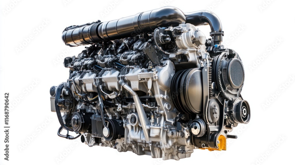 A detailed view of an automotive engine showcasing its components and design.