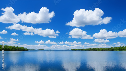 b'Blue sky and white clouds over a lake' photo