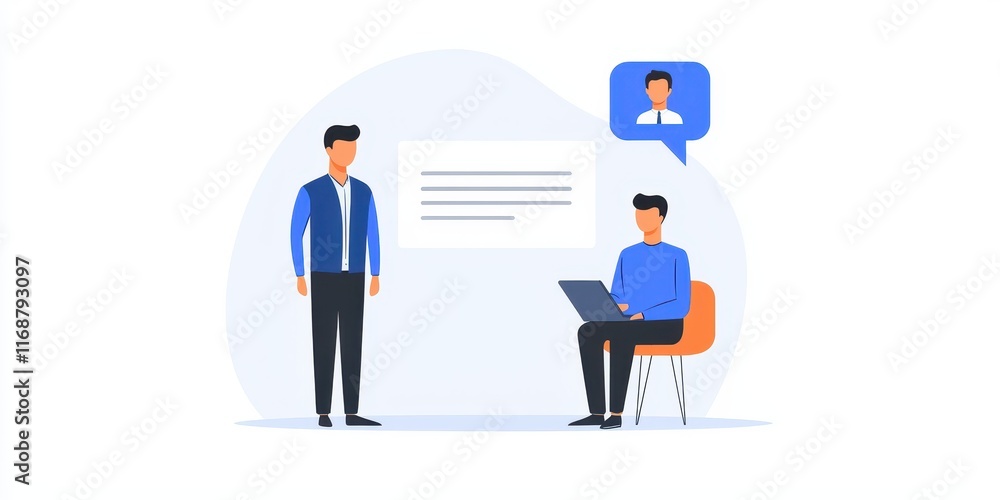 Two professionals discuss ideas in a modern office setting with digital devices. Two professionals discuss ideas in a modern office setting with digital devices.