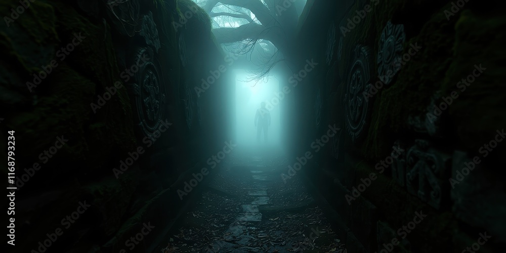 Obraz premium Mysterious Figure Walking Down a Foggy Stone Passageway with Ancient Carvings