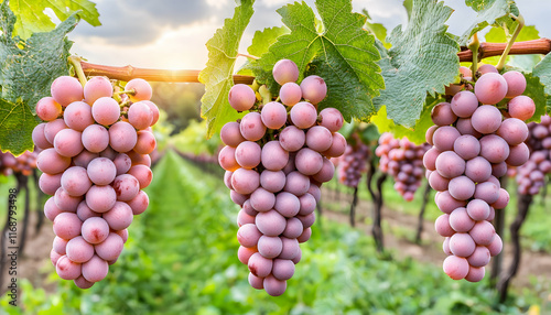 Lush bunches of pink grapes hanging from a vine in a vineyard at sunset.  Perfect for wine, food, or agriculture themes. photo