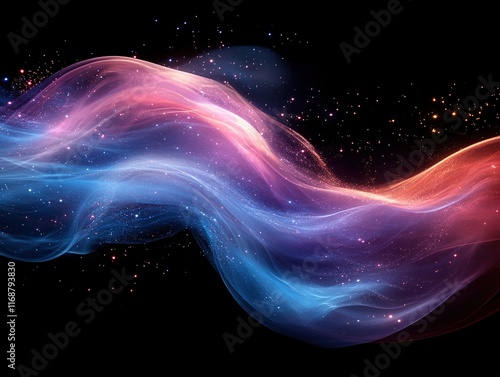 Abstract colorful wave with glowing particles on black background.