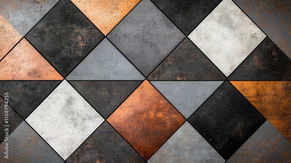 Grungy abstract background idea. Artistic geometric tile pattern in black, white, and copper hues for modern interiors. Grungy abstract background idea. Artistic geometric tile pattern in black, white, and copper hues for modern interiors.
