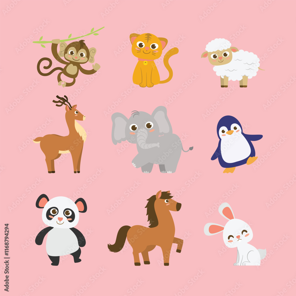 Fototapeta premium Cute Cartoon Animal Illustration Hand Drawn Flat Style