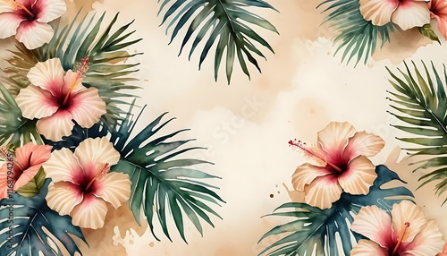 Fototapeta Naklejka Na Ścianę i Meble -  Watercolor Hibiscus Flowers and Tropical Palm Leaves Design
