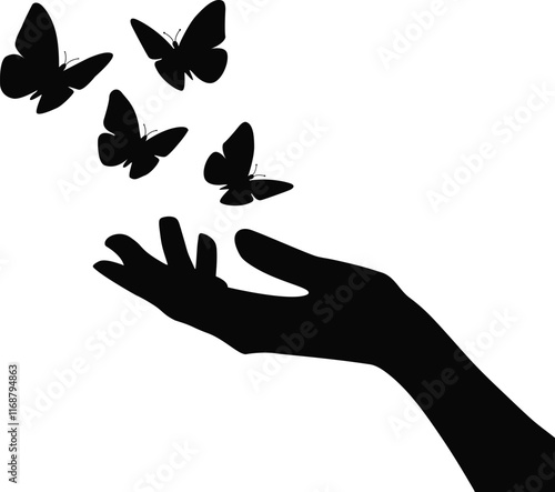 Silhouette of a Hand Releasing Butterflies Symbolizing Freedom and Transformation