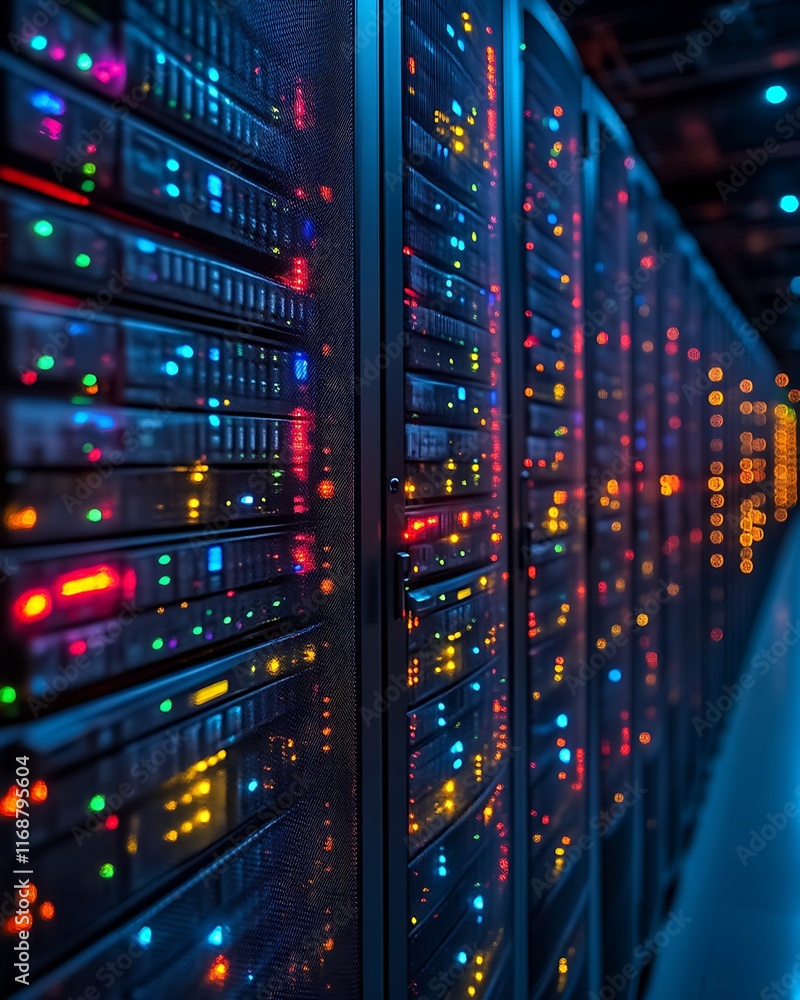 Naklejka premium Illuminated server racks in a data center. (3)