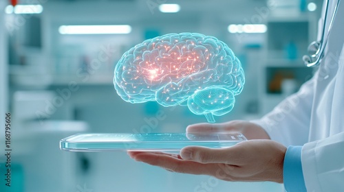 Doctor Holding a Holographic Brain Display in a Modern Medical Setting, Generative AI photo