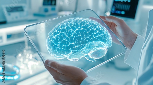 Doctor Holding a Holographic Brain Display in a Modern Medical Setting, Generative AI photo