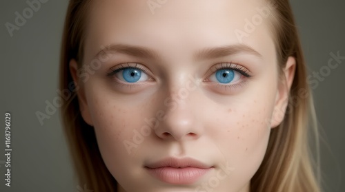 Close-up portrait of a young woman with striking blue eyes, natural freckles, and radiant skin, gently touching her eyebrow, showcasing natural beauty against soft neutral background. photo