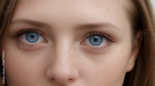 Young woman with striking blue eyes, freckles, and radiant skin gently touching her eyebrow, showcasing natural beauty against a soft neutral background, close-up portrait. photo