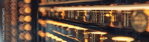 Rows of gold coins in a highsecurity vault, savings and prosperity, front view, symbolizing financial safety, cybernetic tone, Complementary Color Scheme photo