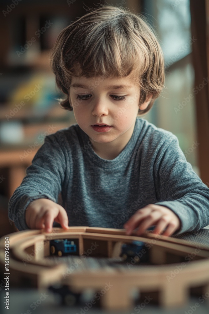 Child plays with wooden train set indoors while focusing on the tracks and trains during the afternoon Child plays with wooden train set indoors while focusing on the tracks and trains during the afternoon