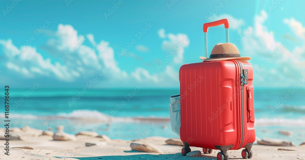 Tropical Beach Scene with Red Suitcase Sunglasses and Straw Hat Tropical Beach Scene with Red Suitcase Sunglasses and Straw Hat