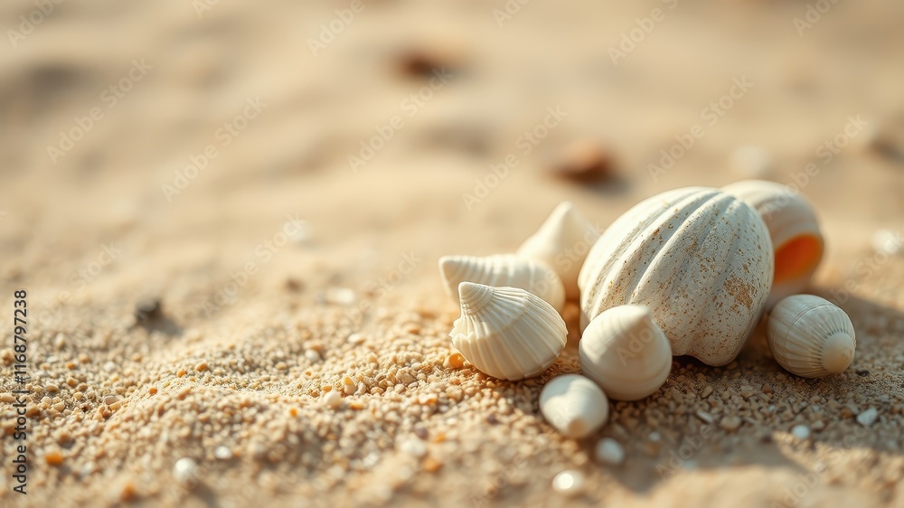 Seashells nestled in warm sand, bathed in sunlight; a serene coastal scene. Seashells nestled in warm sand, bathed in sunlight; a serene coastal scene.