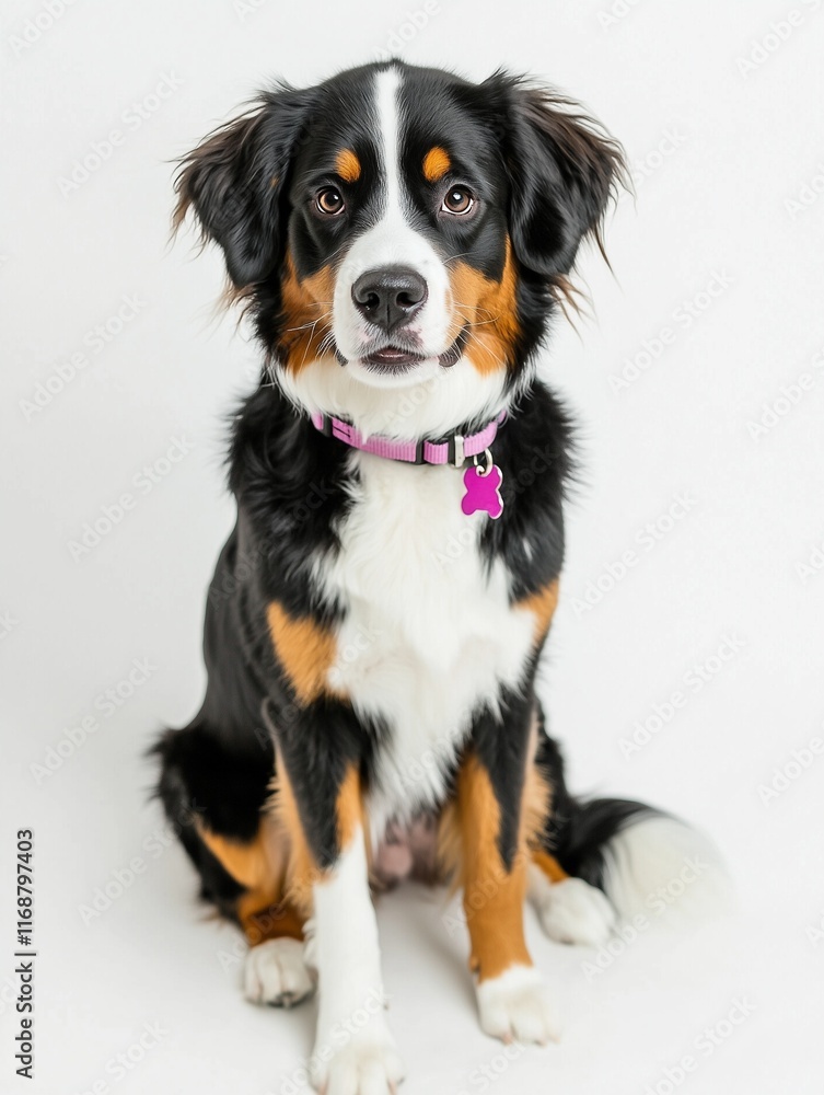Bernese Mountain Dog sitting with pink collar in studio. Bernese Mountain Dog sitting with pink collar in studio.