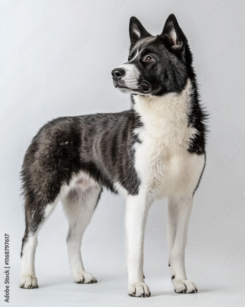 Black and white Siberian laika dog standing in studio. Black and white Siberian laika dog standing in studio.