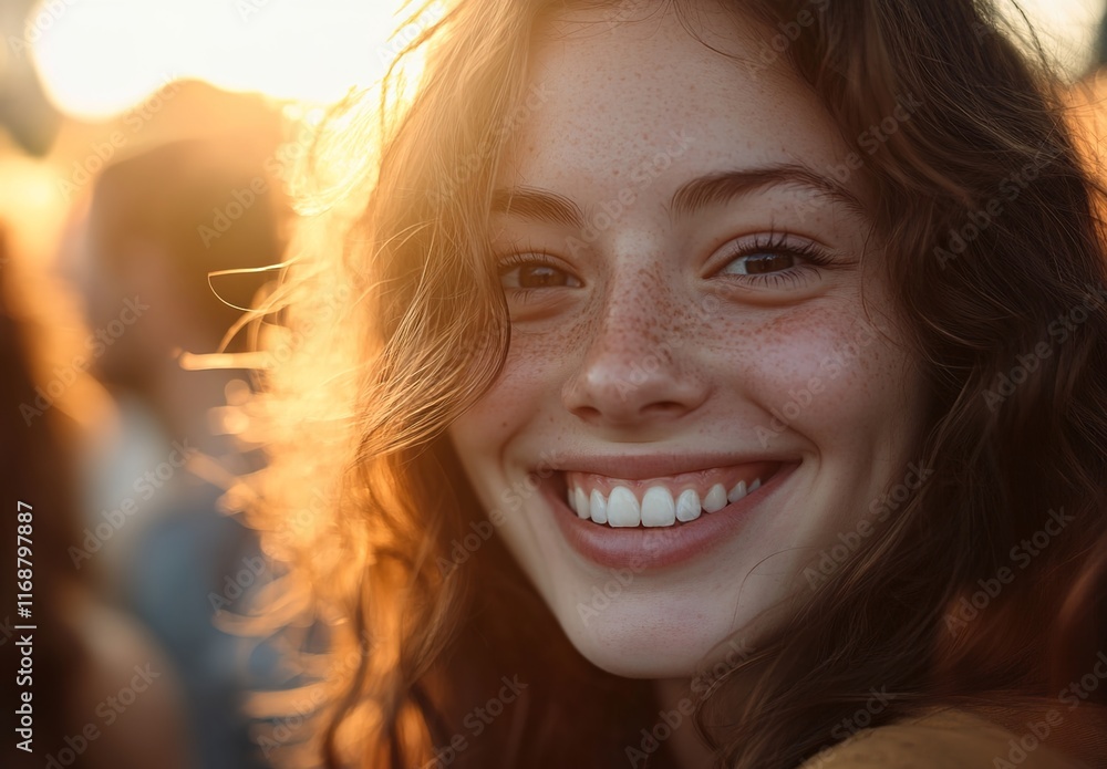 A beautiful woman smiling with friends at the music festival A beautiful woman smiling with friends at the music festival