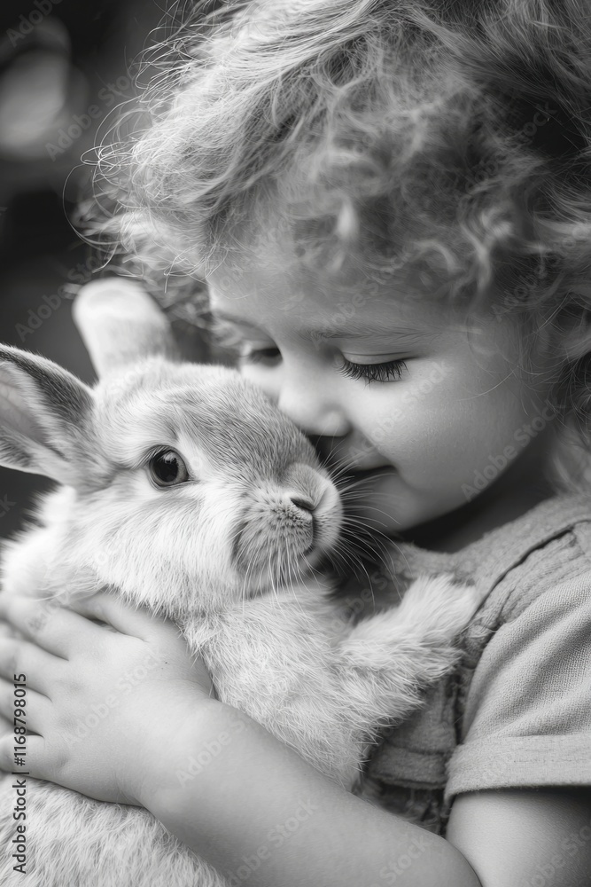 Little girl lovingly hugs and kisses a fluffy rabbit in a joyful moment of connection Little girl lovingly hugs and kisses a fluffy rabbit in a joyful moment of connection