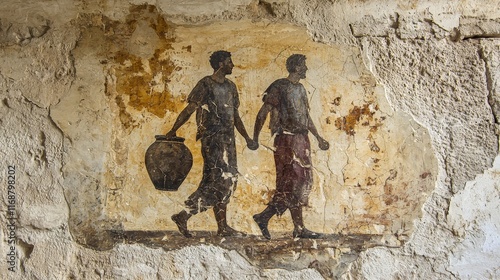 The artwork presents two men, one holding a large pot, against a weathered wall, illustrating timeless themes of hard work and enduring traditions. photo