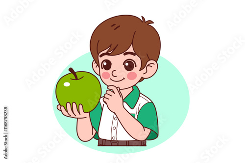 The boy is holding an apple. Vector illustration in cartoon style.