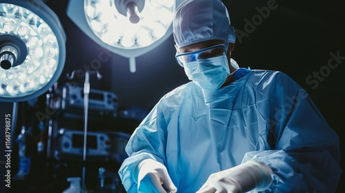 Expert surgeon performing complex surgery, demonstrating skill close up, medical expertise theme, realistic, Composite, operating room backdrop