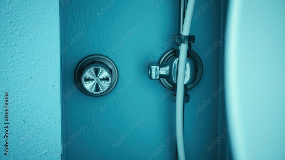 Close-up view of plumbing fixtures on a teal wall, showcasing a metallic dial and a water valve with tubing Close-up view of plumbing fixtures on a teal wall, showcasing a metallic dial and a water valve with tubing