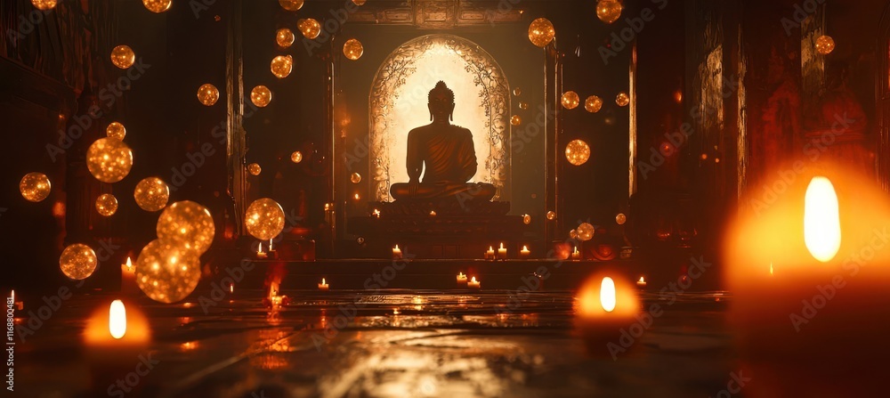 Room with a statue of Buddha and many candles Room with a statue of Buddha and many candles