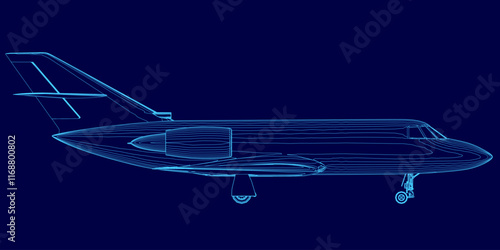 Blue airplane is shown in a computerized drawing. The image is of a jet fighter plane, with its wings and tail visible. The blue color of the plane gives it a sleek and modern appearance