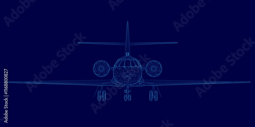 Blue airplane with a tail is shown in a computer generated image. The image has a futuristic and sleek appearance, with the airplane's design and details being emphasized