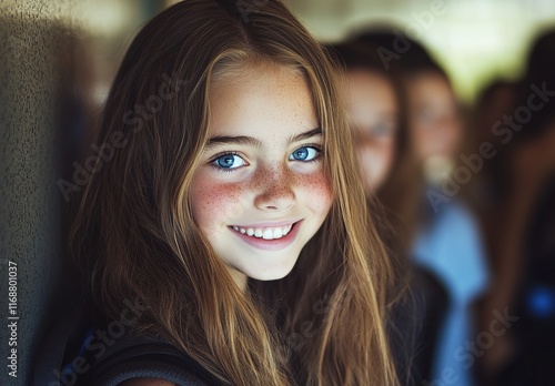 Wallpaper Mural Photo of a beautiful young girl with blue eyes and long hair, smiling in the foreground Torontodigital.ca