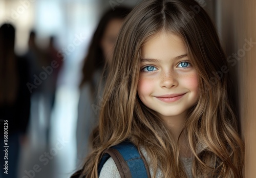 Wallpaper Mural Photo of a beautiful young girl with blue eyes and long hair, smiling in the foreground Torontodigital.ca