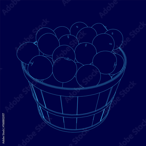 Blue basket filled with oranges. The oranges are all different sizes and are arranged in a way that makes them look like they are floating in the basket