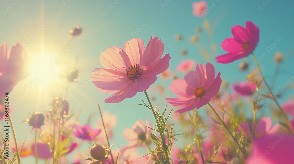 The field is alive with cosmos blooms, their colors softened by stylish Instagram-inspired tones The field is alive with cosmos blooms, their colors softened by stylish Instagram-inspired tones