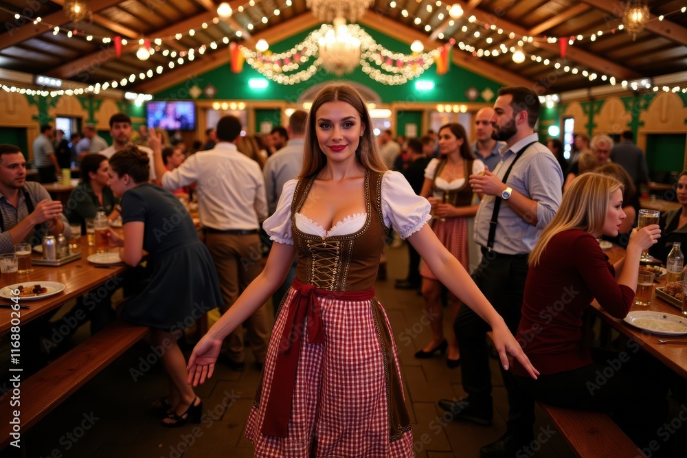 A Bavarian girl in a colorful dirndl dances with friends at a beer festival. The atmosphere is vibrant with music, colorful decorations, and large tables filled with food and drinks A Bavarian girl in a colorful dirndl dances with friends at a beer festival. The atmosphere is vibrant with music, colorful decorations, and large tables filled with food and drinks