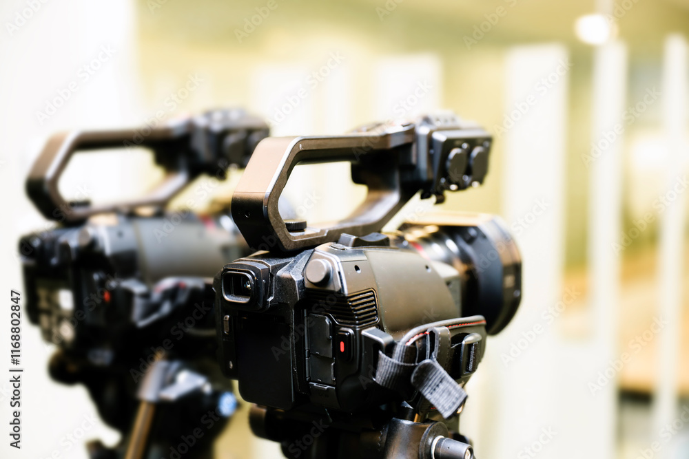 Video cameras for make movie or journalist interview broadcasting reporter news or press conference speaker or public speaking or report record and content creator live media. Video cameras for make movie or journalist interview broadcasting reporter news or press conference speaker or public speaking or report record and content creator live media.