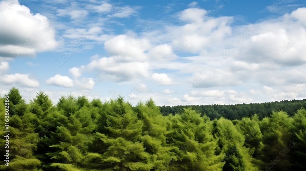 Lush green forest under a bright blue sky with fluffy clouds Lush green forest under a bright blue sky with fluffy clouds