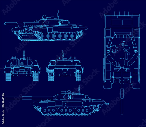 Blue drawing of a tank. The tank is shown from the front, back, and side