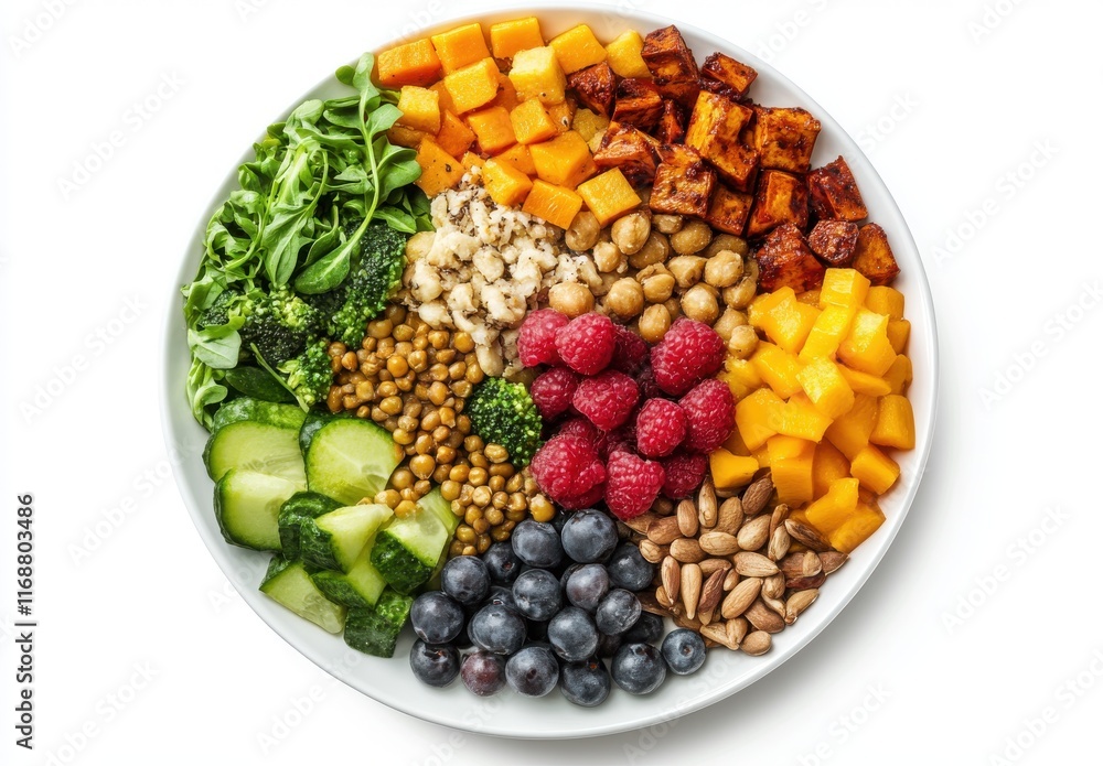 Colorful and Nutritious Salad Bowl with Fresh Vegetables, Fruits, Nuts, and Seeds arranged Aesthetically for a Healthy Meal or Snack Option on a White Plate Colorful and Nutritious Salad Bowl with Fresh Vegetables, Fruits, Nuts, and Seeds arranged Aesthetically for a Healthy Meal or Snack Option on a White Plate