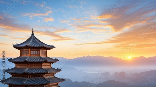 Wallpaper Mural A tall building with a pagoda on top and a beautiful sunset in the background Torontodigital.ca